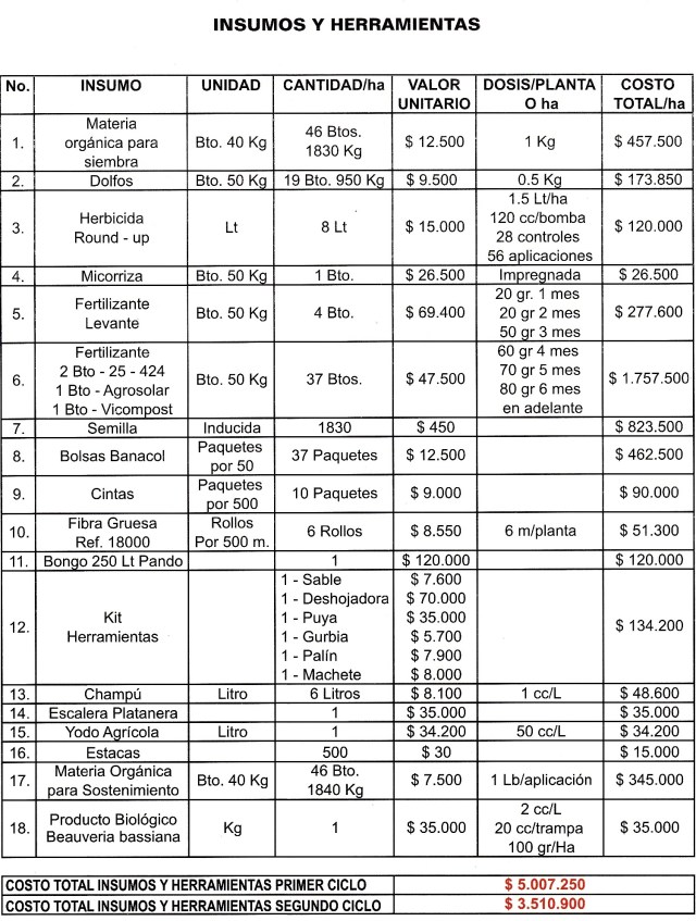 Costos cultivo de platano insumos
